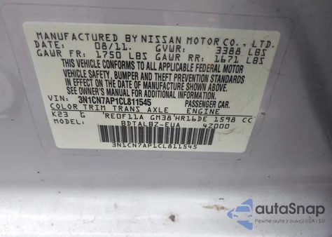 2012 Nissan Versa 1.6 Sv из США, поврежденный, VIN 3N1CN7AP1CL811545